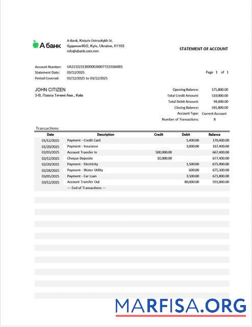 Blank Ukraine A bank statement of account word real example